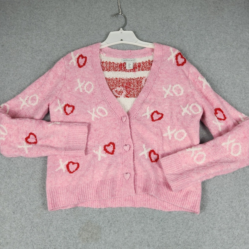 Cupcakes and Cashmere Cardigan Sweater Womens M Pink XO Heart Knit Button Front